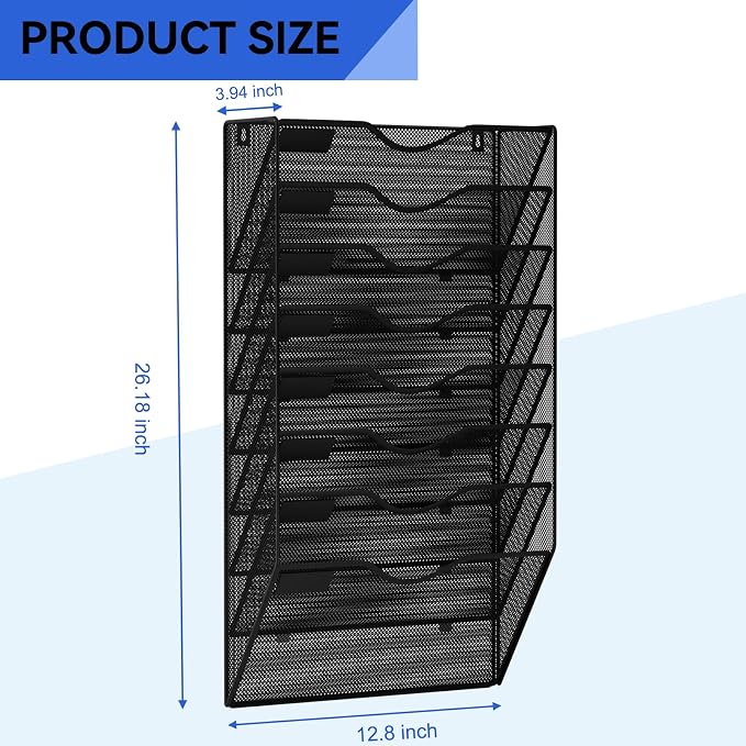 8 Pockets Hanging Wall File Organizer Mail Holder, Wall Mounted Paper Document Folder Holder, Clipboard Storage Organization Magazine Rack, Black - Image 3