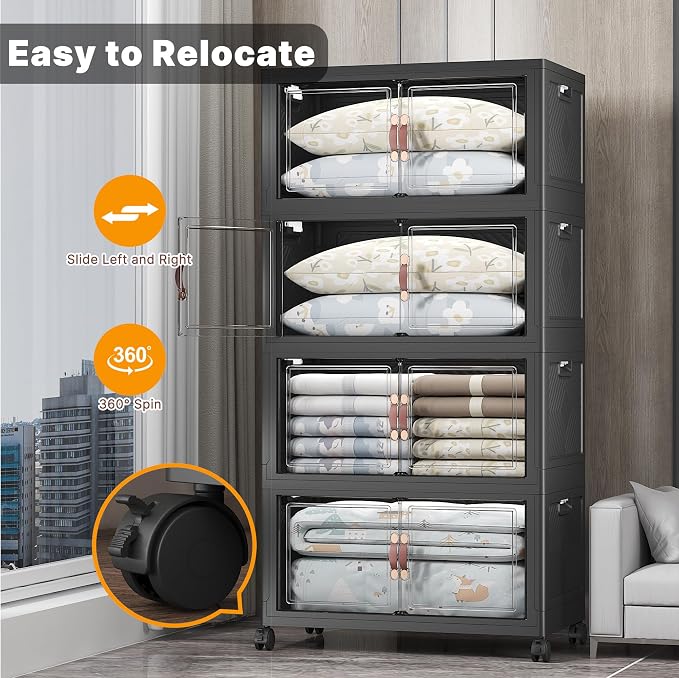 672QT Lockable Plastic Storage Bins, 4 Pack Collapsible Cabinets | Stackable Organizer with Doors & Wheels, Foldable Containers for Bedroom, Dorm, Office & Garage Storage - Image 2