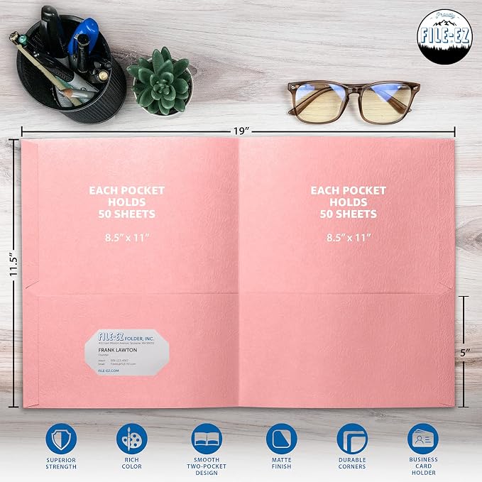 FILE-EZ Two-Pocket Folders, Pink Color, 125-Pack, Durable Textured Paper with Matte Finish, Letter Sheet Size (EZ-32490) - Image 2