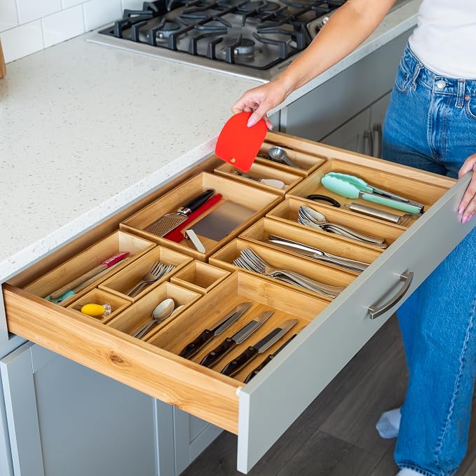 Grow Forward Bamboo Drawer Organizer Boxes - Set of 7 Wooden Drawer Organizers for Kitchen, Bathroom, Office, Desk, Vanity, Makeup - Non-Slip Junk Drawer Organizer Trays for Storage and Organization - Image 5