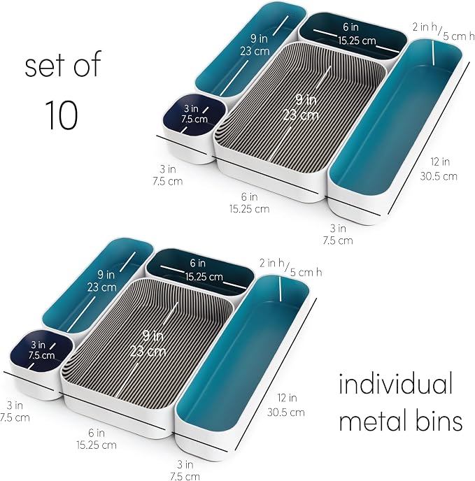 Three by Three Seattle Metal Drawer Organizer Tray Set, 10-Pc (Assorted) | Deep 2" food-safe metal bins; mix & match to customize any drawer; kitchen, bathroom, office & vanity organization - Image 4