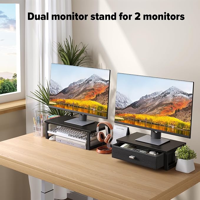 WOHOMO Dual Monitor Stand Riser with Drawers, Wood Desk Organizers for 2 Monitors, Desktop Storage Stand for Computer, Laptop, Black - Image 5