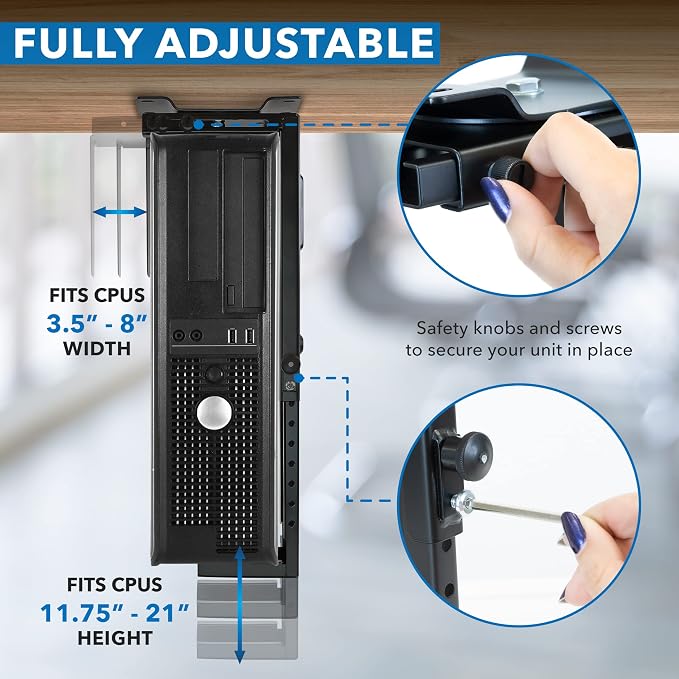 Mount-It! CPU Under Desk Mount Bracket - Computer Tower Wall and Under Counter Holder, 360 Degree Swivel Adjustable Height and Width Wall-Mountable - Image 6