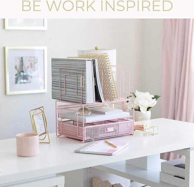 BLU MONACO | Pink Desk Organizer with Drawer | Wire Mesh Desk Organizer File Sorter | Metal Desktop Storage for Office Workspace - Image 2