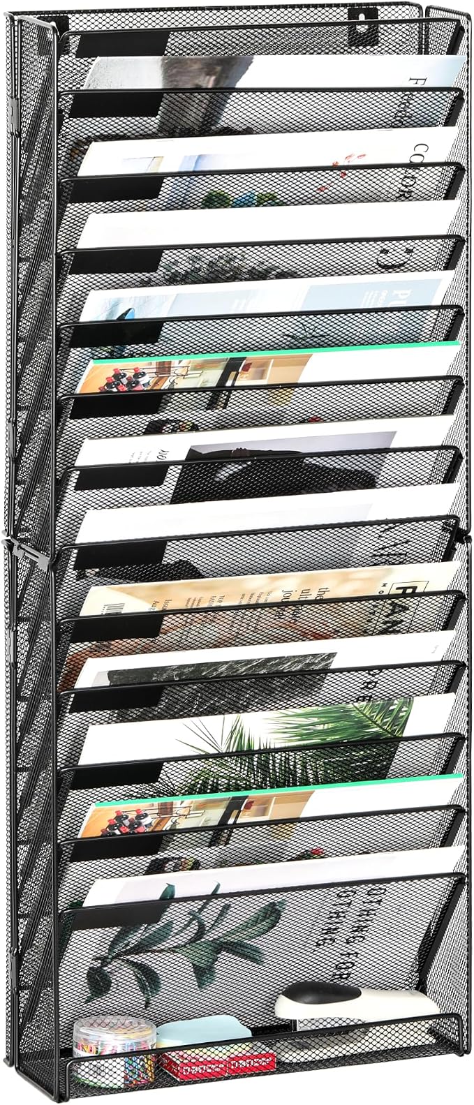 EasyPAG Wall File Holder 14 Tier Mesh Hanging Folder Organizer with Flat Tray Wall Mounted Mail Organizer Magazine Paper Desk Shelf with Nametag Label for Office Home School, Black by EasyPAG