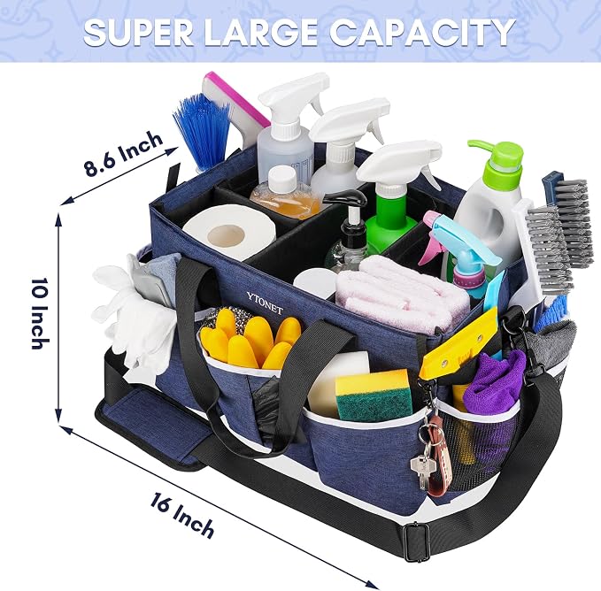 Ytonet Extra Large Cleaning Caddy Bag with Dividers, Foldable Cleaning Tote | Professional Housekeeping Tote for Cleaners, Wearable Cleaning Caddy Organizer with Shoulder Strap & Waist Strap, Blue - Image 2