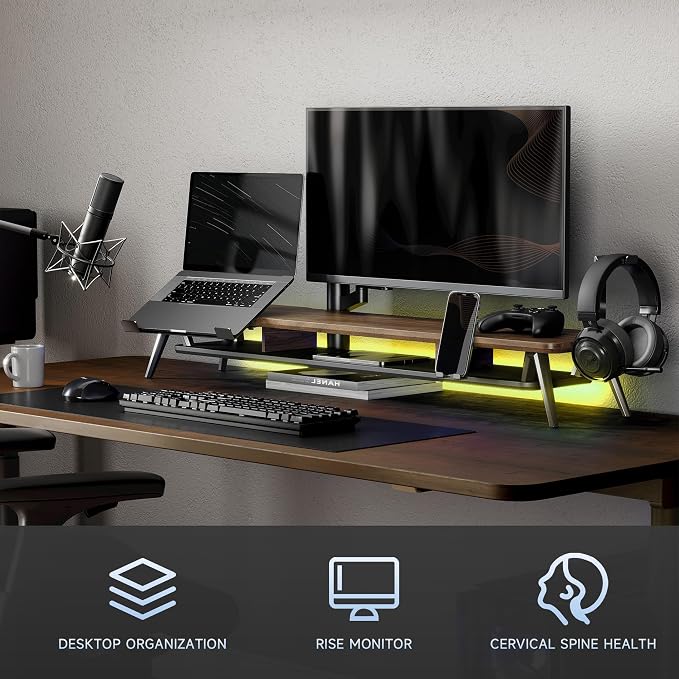 Fenge 42.5-Inch Monitor Stand Riser with Laptop, Phone & Headphone Holders | 10° Adjustable Laptop Holder, 2-Tier Storage, Dual Monitor or Monitor-Laptop Setup, Ideal for Multitasking, Gaming, Streaming - Image 2