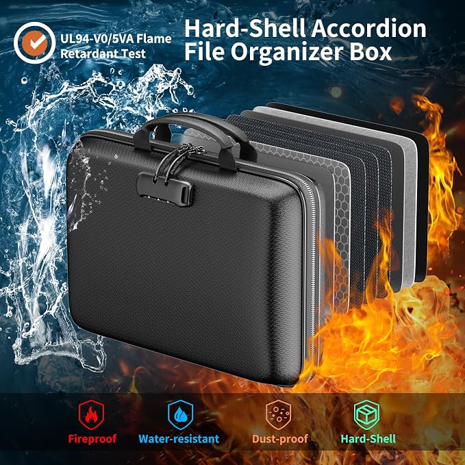 DocSafe Fireproof File Organizer with Lock, Hard-Shell Case Fireproof Document Box with 13 Pocket Accordion File Folder, Portable Home Office Travel Safe Storage for Important Documents Laptop Black - Image 2
