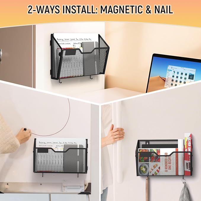 Docnest 6 Pack Dual-Mount Magnetic Mesh File Holders, Wall Organizer | Mount magnets or screws. 2-in-1 hanging mesh mail letter organizer with hooks for office and home clutter - Image 5