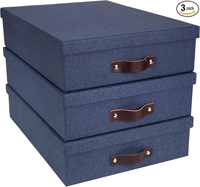 Bigso Oskar Canvas Fiberboard Document Letter Box - File Organizer Box for Important Paperwork - Document Storage with a Lid & Handle - 3.3 in x 10.2 in x 13.8 in - 3 Pack - Blue by Bigso