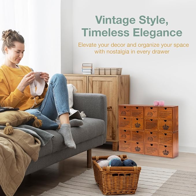 Modular Stackable Set of 4 Mahogany Brown Wood Storage Drawers for Desktop - 16-Drawer Stackable Desk Organizers - Vintage Style Office & Study Table Wooden Storage Boxes, Fully Assembled - Image 4