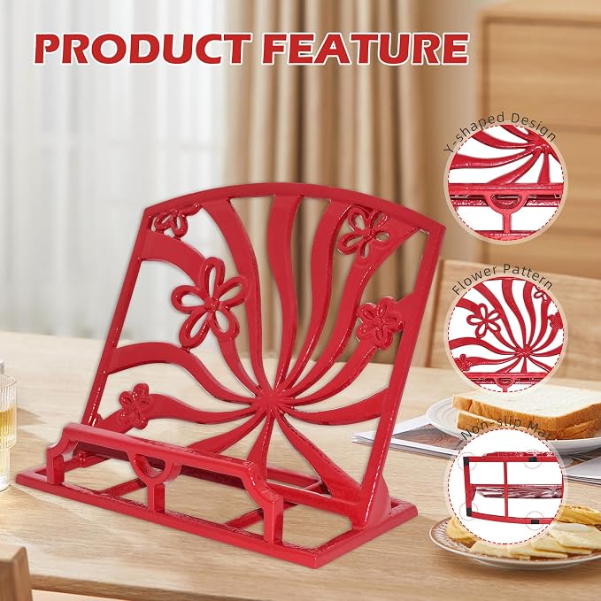 Elegant Cookbook Stand Cast Iron, Kitchen Decorative Metal Recipe Book Holder for Bible, Prayer Book Stand, Magazine, Textbooks, Vintage Cookbook Stand for Kitchen Counter, Red - Image 3