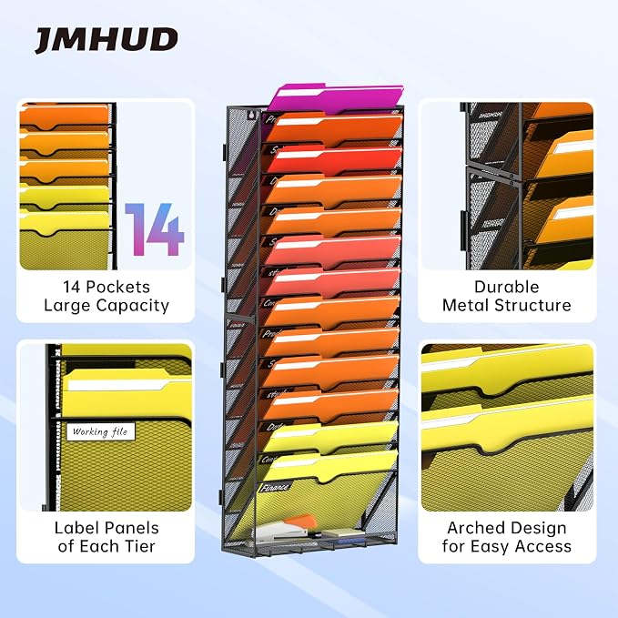 14-Tier Wall File Organizer with Base and Hooks, Hanging Organizer, Black | Wall Organizer and Wall File Holder with 14 Vertical Pockets and Bottom Tray for Files, Mail, Folders, Magazines and Paper - Image 3