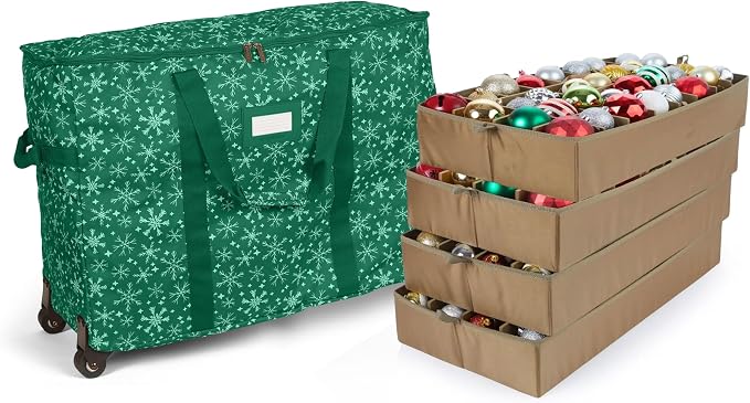 Covermates Keepsakes Rolling Adjustable Ornament Storage Bag – Heavy-Duty Polyester, FlexGrid Trays & Padded Dividers – Protective Holiday Organizer with Wheels, Handles & ID Window, Green Snowflake by Covermates