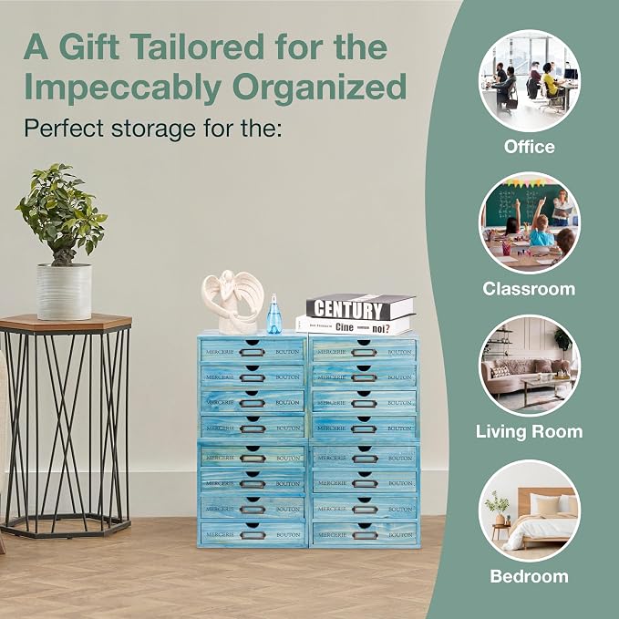 4-Pack Turquoise Countertop Organizer Drawers - Stackable 4-Drawer Mini Filing Cabinets for Desktop - 9.7x7x10in European Country Style Storage Drawers w/Label Holders, Fully Assembled - Image 7