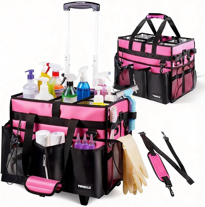 Cleaning Caddy with Wheels, Rolling Cleaning Supplies Organizer with Bottom Board, Dividers & Shoulder Strap, Portable Utility Tote with Small Trolley, Rose Pink by TWINDLE