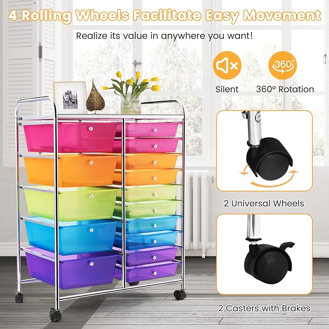 COSTWAY 15 Drawer Rolling Storage Cart, Mobile Storage Organizer | Removable Drawers & Metal Frame, Multipurpose Utility Tools Paper Organizer on Wheels for Home, Office (Rainbow) - Image 6
