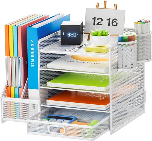 Marbrasse Desk Organiser with File Holder, 5-Tier Paper Letter Tray Organiser with Drawer and 2 Pen Holder, Mesh Desktop Organizer and Storage with Magazine Holder for Office Supplies(White) by Marbrasse