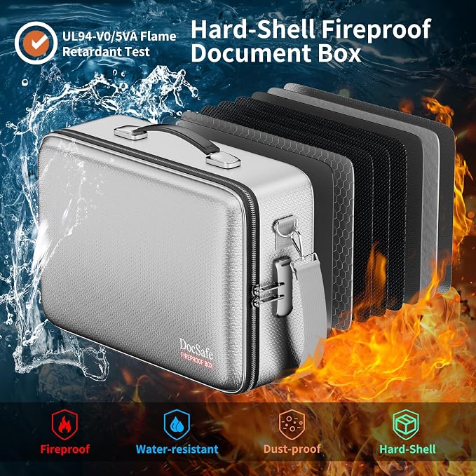 DocSafe Fireproof Document Box Hard Case with Lock ＆ Accordion File Folder | Fire and Water Resistant Safe Box,File Organizer,Multi-Pocket,Home Office Travel Storage for Important Document,Laptop,Silver - Image 2