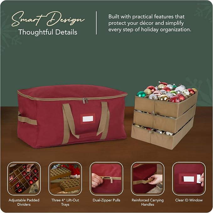 Covermates Keepsakes Adjustable Ornament Storage Bag – Heavy-Duty Polyester, Padded Dividers & FlexGrid Trays – Protective Holiday Ornament Organizer with Handles & Label Window, Red - Image 4