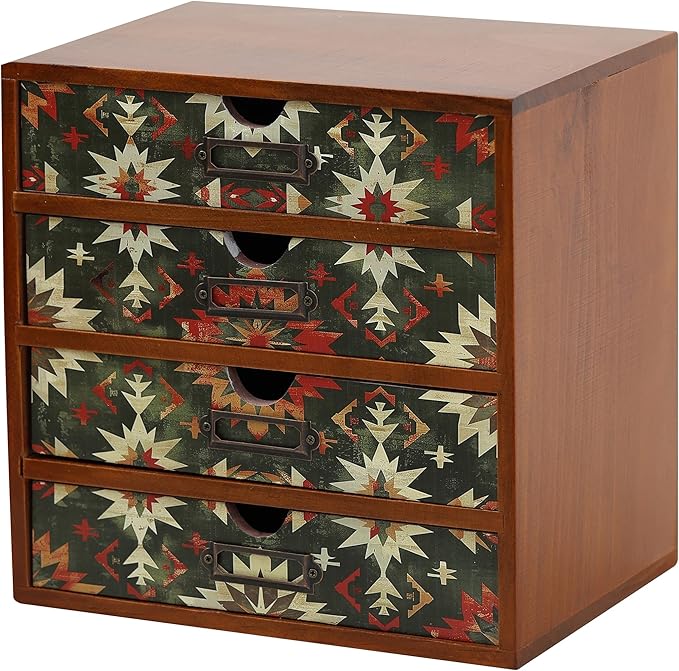 Boho Green Wooden Desk Organizer with Drawers – 4-Drawer Desktop Storage Box – Rustic Tribal Wood Desk Organizer for Office, Vanity, or Craft Supplies – Compact & Stylish Wooden Storage Drawers by PrimoSupply