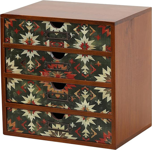Boho Green Wooden Desk Organizer with Drawers – 4-Drawer Desktop Storage Box – Rustic Tribal Wood Desk Organizer for Office, Vanity, or Craft Supplies – Compact & Stylish Wooden Storage Drawers by PrimoSupply