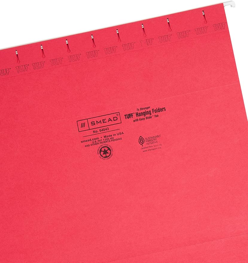 Smead TUFF Hanging File Folder with Easy Slide Tab, 1/3-Cut Sliding Tab, Letter Size, Red, 18 per Box (64043, Rod Color May Vary) - Image 3