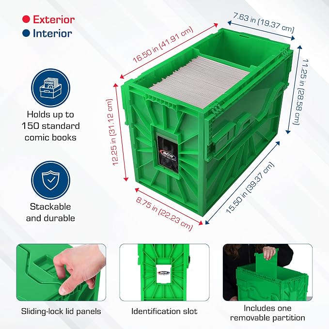 BCW Short Comic Book Bin | Holds 150 Comics | Stackable Plastic Storage | Acid-Free Organizer | Green, 2 Pack - Image 5