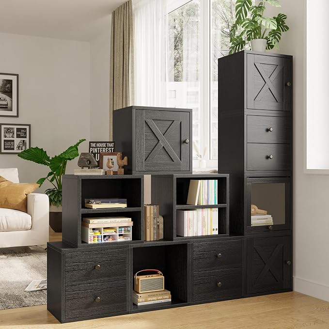 FUSUNBAO Magic DIY Cube Storage Organizer Stackable Cubes for Home Books Clothes Toy-Modular Cubby Storage System-Office Cubical-Bookcase Closet (Black, Door Cube) - Image 2