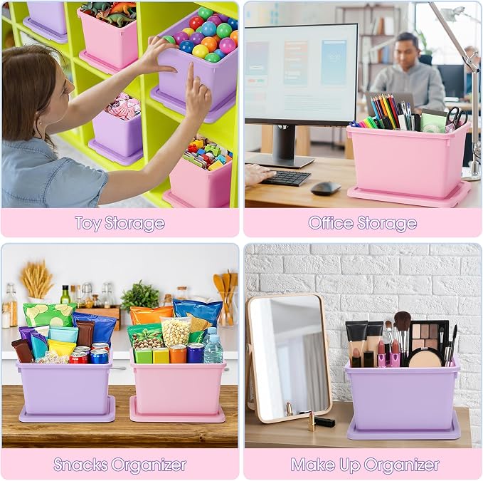 Potchen 6 Pack Small Stackable Storage Bins with Lids Plastic Storage Boxes for Classroom 9.8" ×7.3" ×5.7" Decorative Organizer Bins for Craft Art Office Teacher Supplies (Pink,Purple) - Image 4