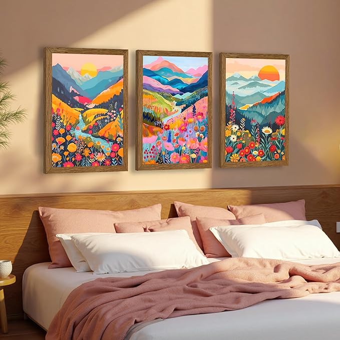 InspiredHues Colorful Mountain Boho Canvas Wall Art Set, 3 Piece Watercolor Flower Picture Wall Decor, Abstract Nature Landscape Artwork Prints for Living Room Bedroom Office 16x24 In Wood Framed