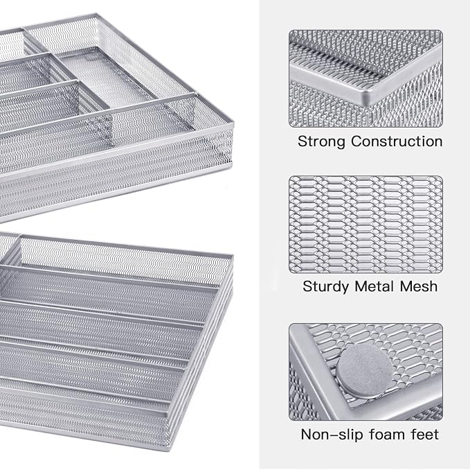 Neudeco Drawer Organizer Set, Silver Mesh, 6 Pack | 5-Compartment Silverware Tray, 5 Utensil Trays, Non-Slip, For Flatware, Cutlery, Office Supplies - Image 4