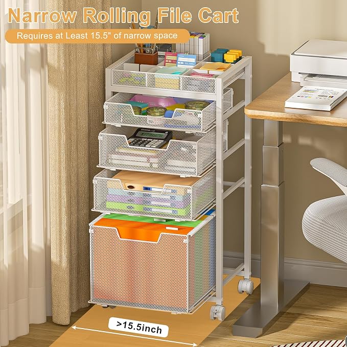 Rolling File Cart with 4 Storage Drawers, Under Desk Filing Cabinet with DIY Divider, Hanging File Folder Organizer on Wheels, Fits A4/Letter Size, Metal Utility Cart for Home Office, White - Image 3