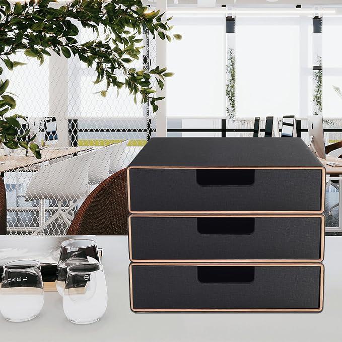 Stackable Organizer Drawer PU Leather Classic Handmade,Organize Home Office Desk Accessories and Sort Letter-Size Paper/a4 Document,Desk Caddy with Drawers Storage Box,13.1x10x3.7inches,Black - Image 2