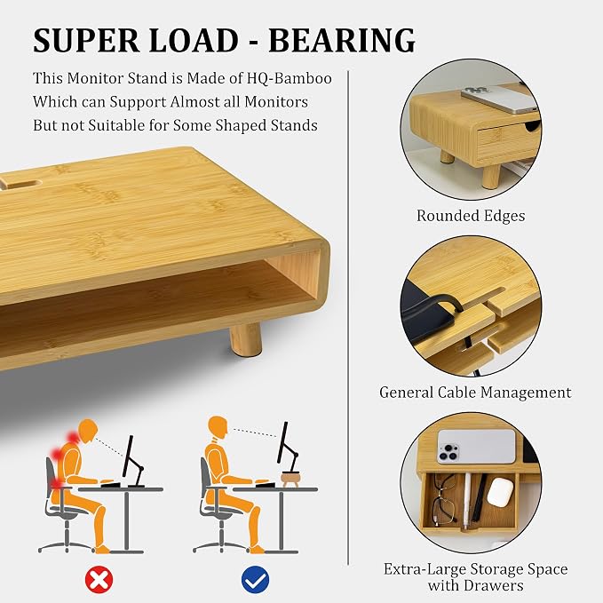 Homerays Monitor Stand with Drawer, Exquisite Computer Monitor Stand for Desk, Ergonomic Wood Monitor Stand Riser for Computer,Laptop,Printer,TV,Upgrade Bamboo - Image 5