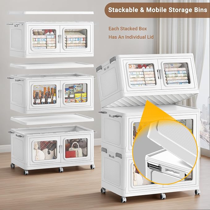 BROVIEW 660 Qt/165 Gal Stackable Storage Bins with Lids, 3 Pack, White | Large Stackable Storage Boxes w/ 3 Lid Folding Plastic Cart Organizer for Home Kitchen, Open Front Clear Door with Wheels - Image 3