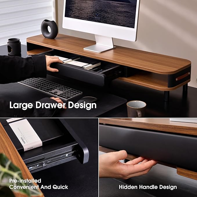 Fenge Dual Monitor Stand with Large Storage Drawer, 42.5" Dsek Shelf, Brown | Slide-Out Drawer with Soft Touch Leather, Ergonomic Monitor Riser, Aluminum leg, 2-Tier Desk Organizer for Laptop, TV, PC - Image 4