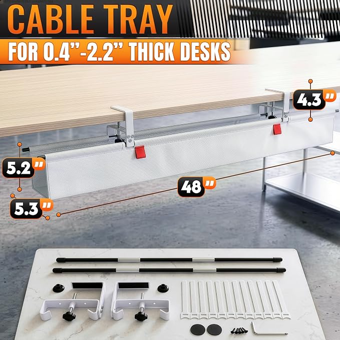 Under Desk Cable Management Tray 48" — No Drill Clamp-On Cord Organizer for Desk with Built-in Ties, Heavy Duty Metal Clamp, Foldable 600D Oxford Fabric for Home Office, WFH & Gaming PC Setup (White) - Image 2