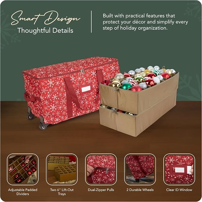 Covermates Keepsakes Rolling Adjustable Ornament Storage Bag – Heavy-Duty Polyester, FlexGrid Trays & Padded Dividers – Protective Holiday Organizer with Wheels, Handles & ID Window, Red Snowflake - Image 4