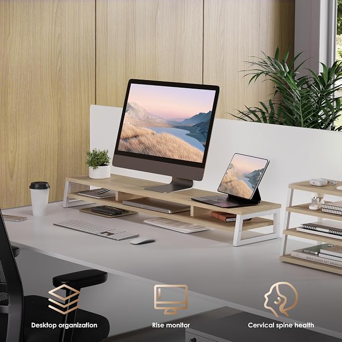 Fenge Dual Monitor Riser for Desk, Open Shelf with 3 Storage Compartments | 42.5in Computer Monitor Stand, 2-Tier Desk Shelf for Top of Desk,One-Piece Panel, fit Ultrawide Monitor, PC, Laptop, Oak - Image 8