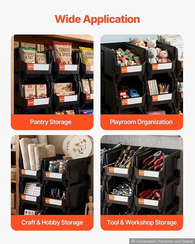 VEVOR Plastic Stackable Storage Bins, 14.8 x 8.5 x 7.1 inch (6 Pack), Plastic Containers for Organizing and Storage Bins for Closet, Garage, Small Parts, Office Supplies and Other Accessories, Black - Image 3