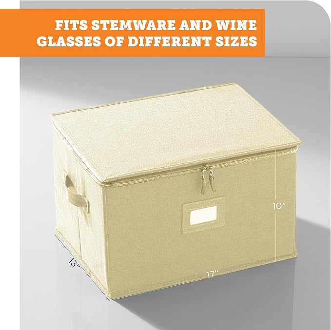 Wine Glass Storage Case | Hard Shell Felt Dividers | Cream | Hard Shell Case Holds 12 Wine Glasses In 4x4 Felt Compartments. Stackable, Top-Load, Label Tag. Cream Linen Finish. - Image 8