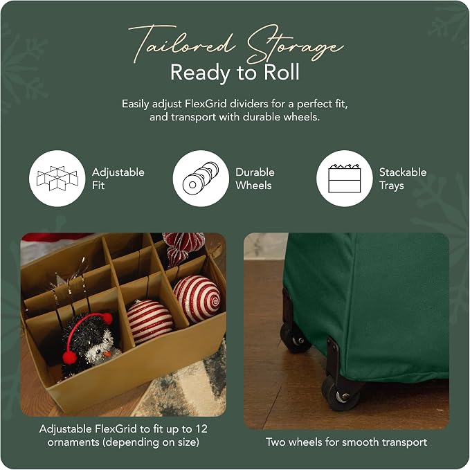 Covermates Keepsakes Rolling Adjustable Ornament Storage Bag – Heavy-Duty Polyester, FlexGrid Trays & Padded Dividers – Protective Holiday Organizer with Wheels, Handles & ID Window, Green - Image 5