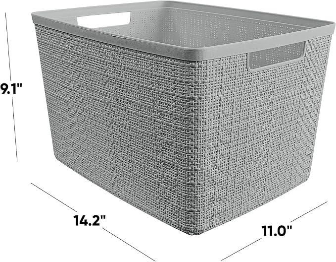 Curver Set of 4 Jute Large Decorative Plastic Organization and Storage Baskets, Perfect Bins for Home Office, Closet Shelves, Kitchen Pantry and All Bedroom Essentials, Grey - Image 2
