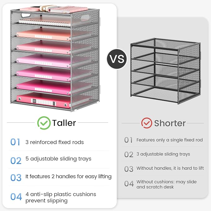 Lavatino 8-Tier Office Desk File Organizer, Letter Tray Paper Organizer with Handle, Including 5 Adjustable Slide Trays for Organizing Desktop Workspace Accessories and Supplies (Silver Metal Mesh) - Image 6