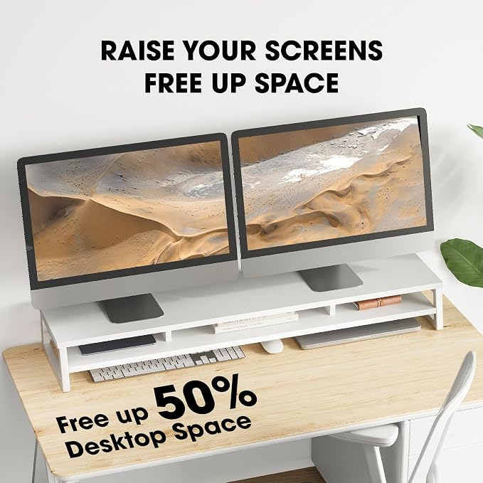 Fenge Dual Monitor Riser for Desk, Open Shelf with 3 Storage Compartments | 42.5in Computer Monitor Stand, 2-Tier Desk Shelf for Top of Desk,One-Piece Panel, fit Ultrawide Monitor, PC, Laptop, White - Image 5