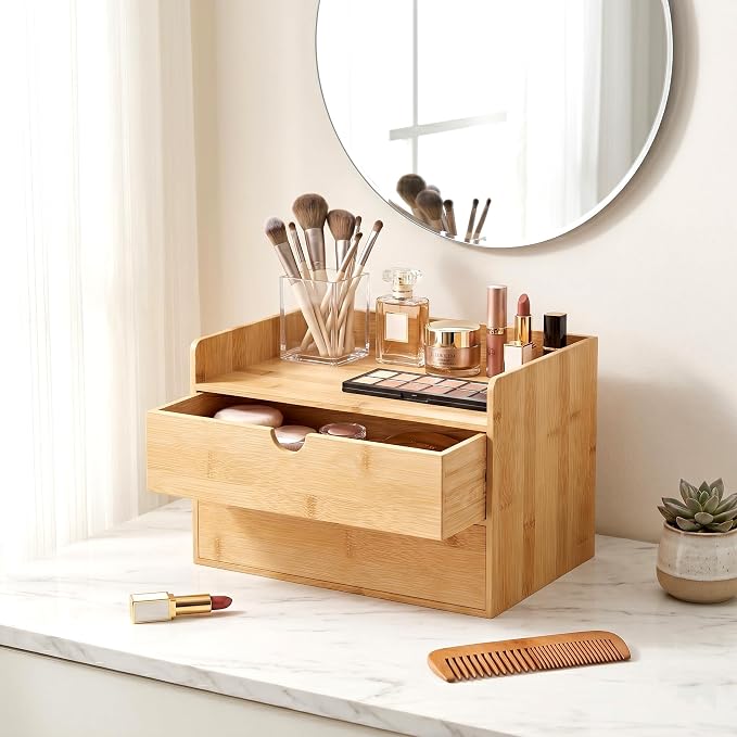 Bamboo Desk Organizer with Drawers, Desktop Storage for Office Supplies | 2 Drawers Desktop organizer, No Assembly Required, Natural Wood Wooden Desktop Drawers Box for Bills, Cosmetics, Seals, Paper - Image 6