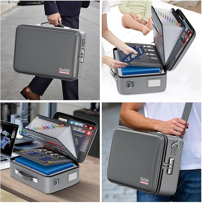 DocSafe Fireproof Document Box with Lock＆Shoulder Strap,Hard Case File Organizer with Accordion File Folder,Multi-Layer Portable Home Office Travel Safe Storage for Important Documents Laptop Gray - Image 6
