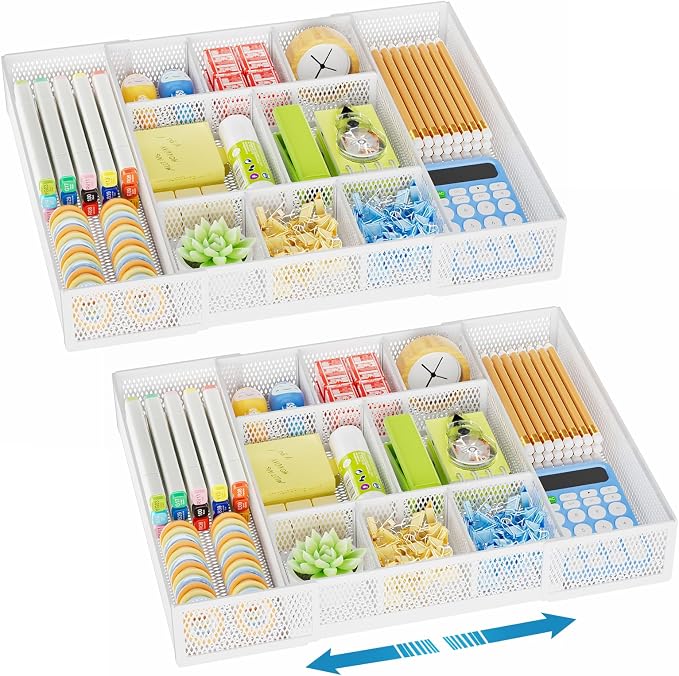 Marbrasse Expandable Desk Drawer Organizer, Mesh Drawer Organizer Tray with 10 Adjustable Compartments, Desk Organizers and Accessories for Office Supplies, Makeup & Vanity (Expandable White-2 pack) by Marbrasse