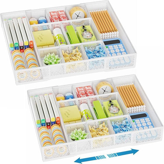 Marbrasse Expandable Desk Drawer Organizer, Mesh Drawer Organizer Tray with 10 Adjustable Compartments, Desk Organizers and Accessories for Office Supplies, Makeup & Vanity (Expandable White-2 pack) by Marbrasse